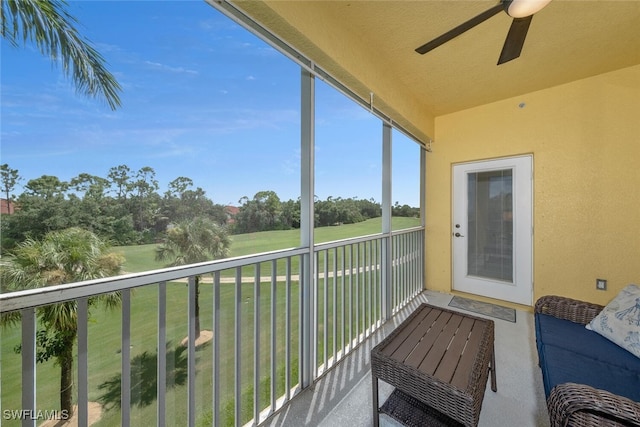 balcony featuring ceiling fan