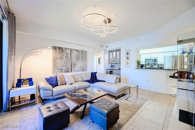 living area featuring crown molding, light tile patterned floors, and baseboards