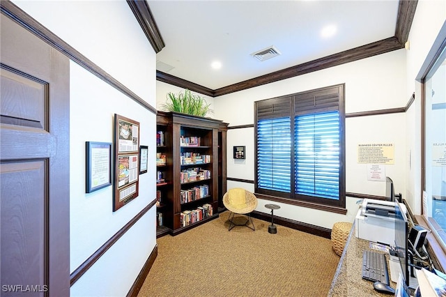 office area with baseboards, visible vents, carpet floors, and ornamental molding