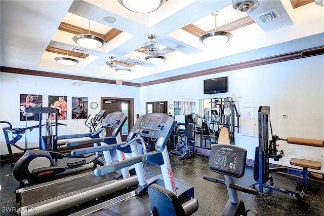 gym with visible vents, coffered ceiling, crown molding, and a ceiling fan