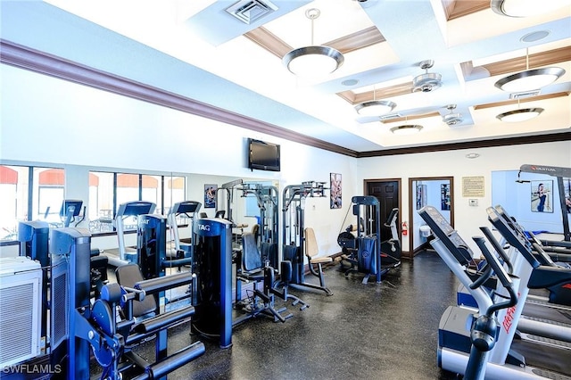 exercise room featuring visible vents, coffered ceiling, and ornamental molding