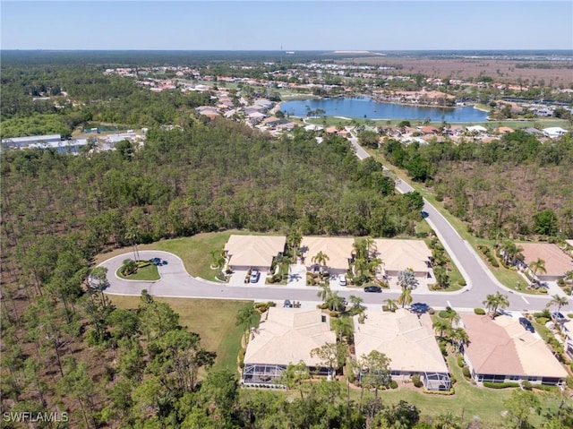 drone / aerial view with a water view and a view of trees