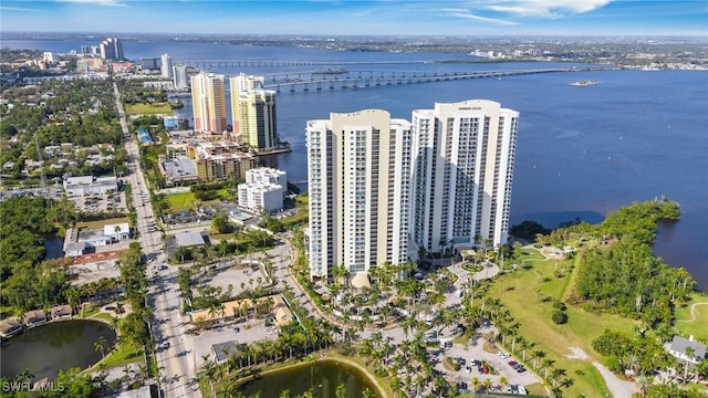 bird's eye view with a city view and a water view