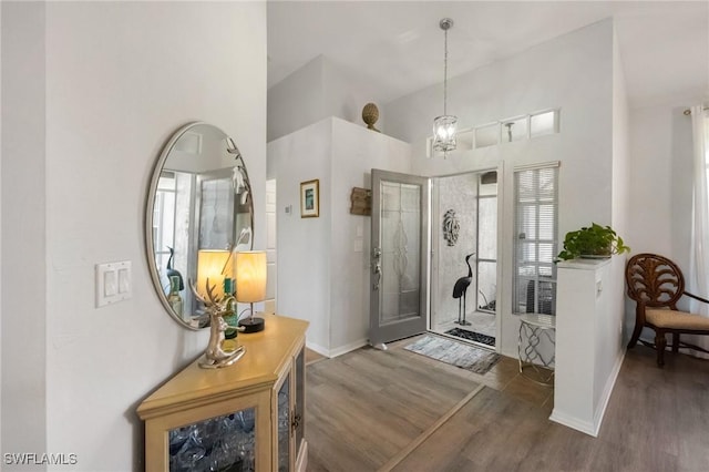 foyer entrance featuring high vaulted ceiling, baseboards, and wood finished floors