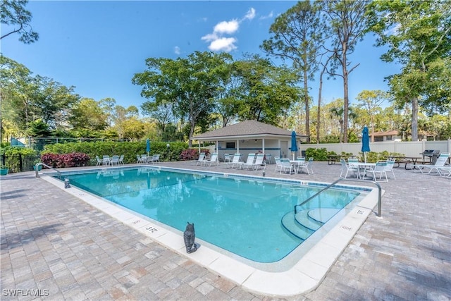 view of pool featuring a patio area and fence