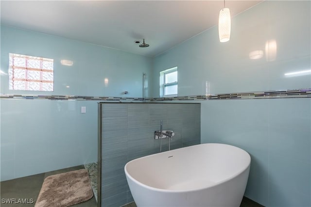 full bathroom featuring tiled shower, tile walls, and a freestanding tub