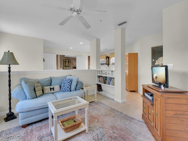 living room featuring recessed lighting, visible vents, baseboards, and a ceiling fan