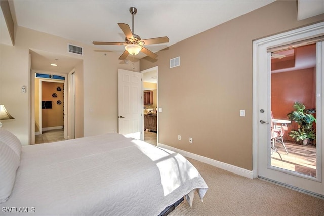 bedroom with access to exterior, baseboards, visible vents, and light carpet