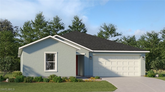 ranch-style home with stucco siding, a front lawn, roof with shingles, concrete driveway, and a garage