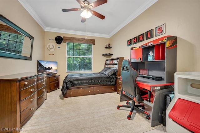 bedroom featuring crown molding, carpet flooring, and ceiling fan