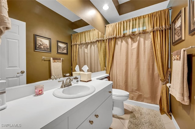 bathroom with baseboards, toilet, a shower with shower curtain, tile patterned floors, and vanity