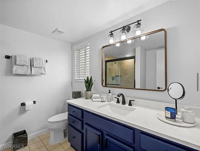 full bathroom with visible vents, a shower stall, toilet, tile patterned floors, and vanity