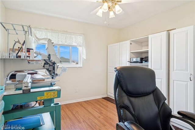 office space with ceiling fan, baseboards, and light wood-style floors