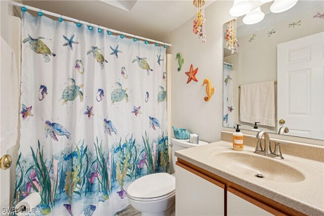 bathroom with vanity, a shower with shower curtain, and toilet