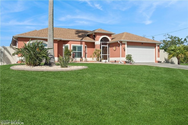 view of front of home featuring stucco siding, driveway, fence, an attached garage, and a front yard