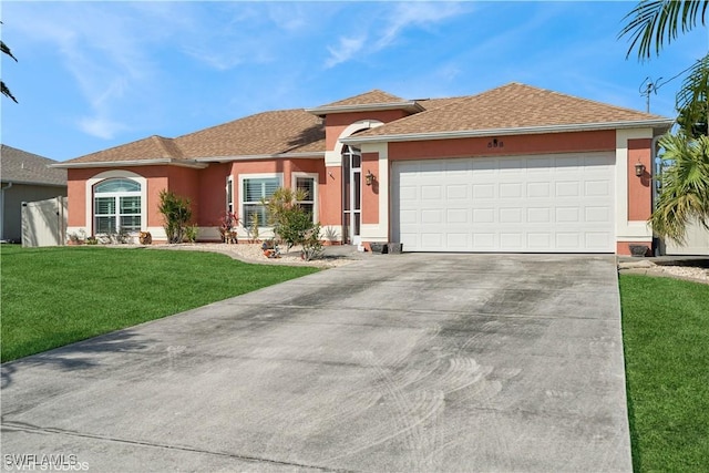 ranch-style home with stucco siding, driveway, roof with shingles, an attached garage, and a front yard