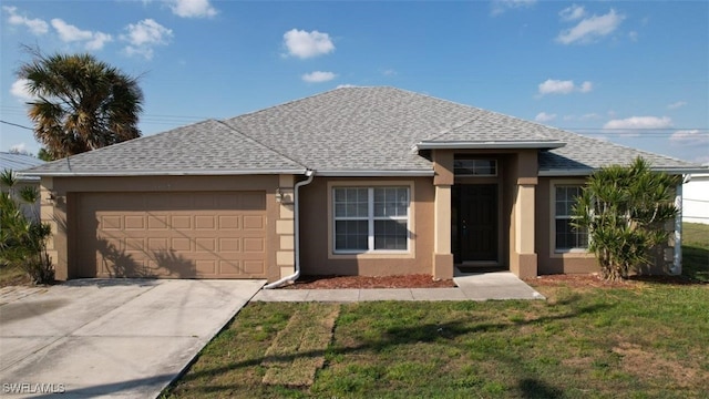 ranch-style home featuring stucco siding, a front lawn, driveway, an attached garage, and a shingled roof