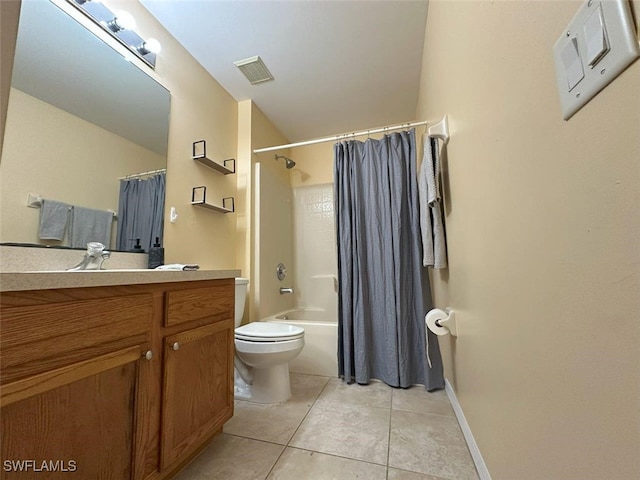 full bathroom featuring visible vents, shower / bathtub combination with curtain, toilet, tile patterned flooring, and vanity