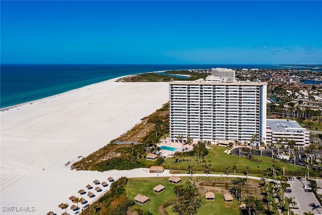 aerial view with a beach view and a water view