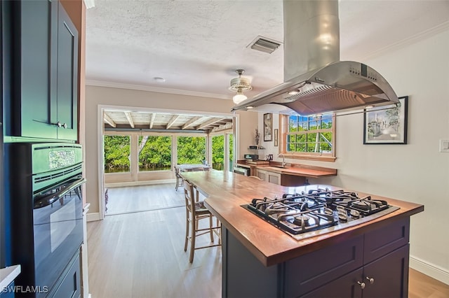 kitchen featuring visible vents, island exhaust hood, a sink, black appliances, and crown molding