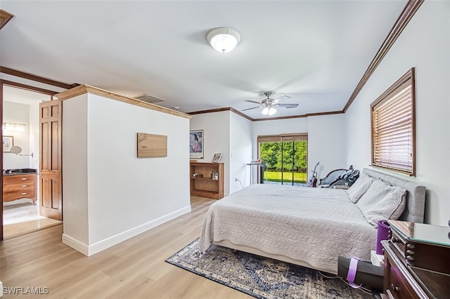 bedroom with visible vents, baseboards, light wood-style flooring, and crown molding