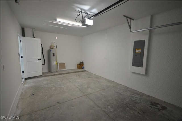 garage with electric panel, a garage door opener, and water heater