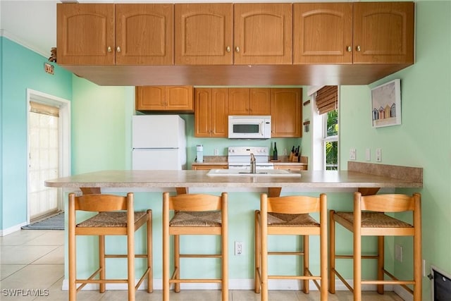 kitchen featuring white appliances, a healthy amount of sunlight, light countertops, and a sink