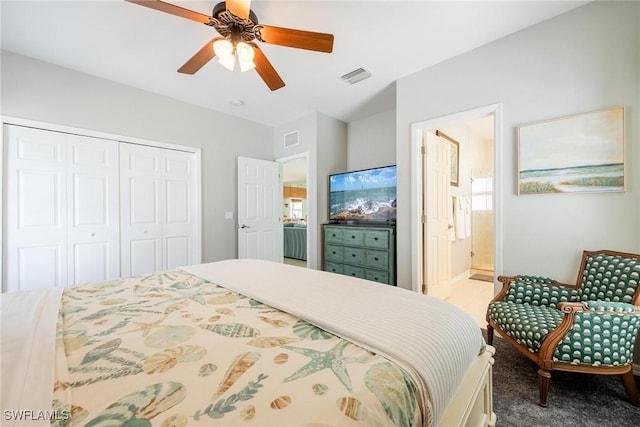 bedroom featuring ensuite bathroom, a ceiling fan, visible vents, and a closet