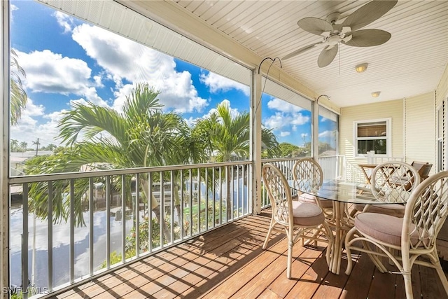 sunroom / solarium featuring ceiling fan