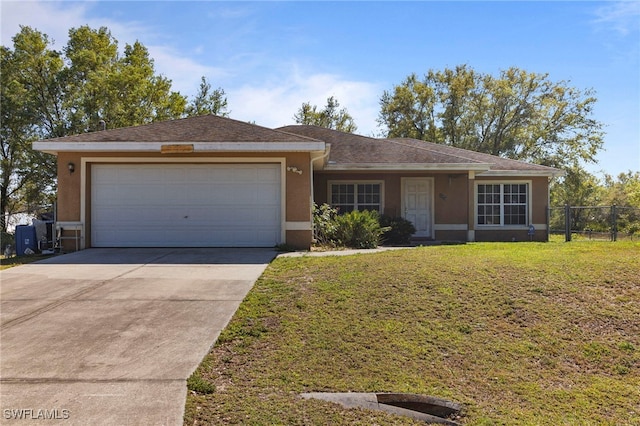 ranch-style home with stucco siding, driveway, fence, a front yard, and a garage