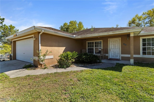 ranch-style house with stucco siding, driveway, a front lawn, roof with shingles, and a garage