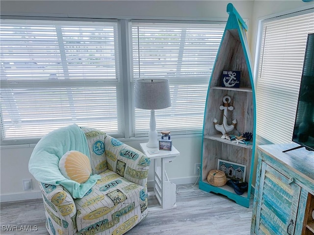 sitting room with wood finished floors, baseboards, and a wealth of natural light