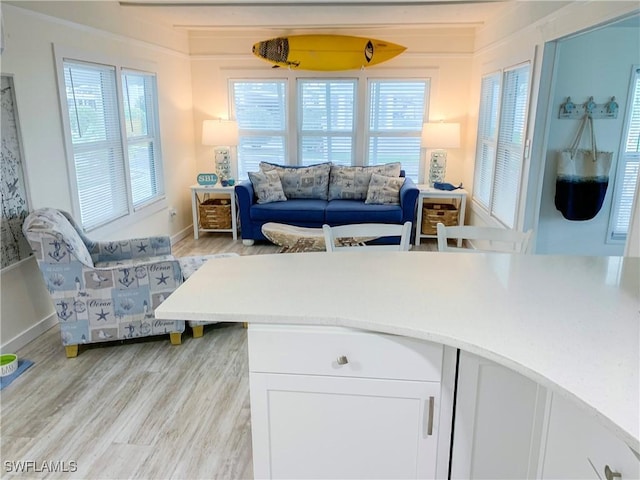 living area with baseboards and light wood finished floors