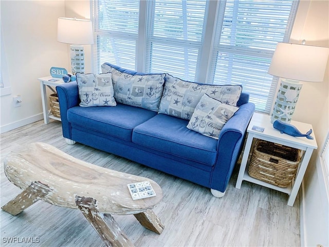 living room with baseboards and wood finished floors