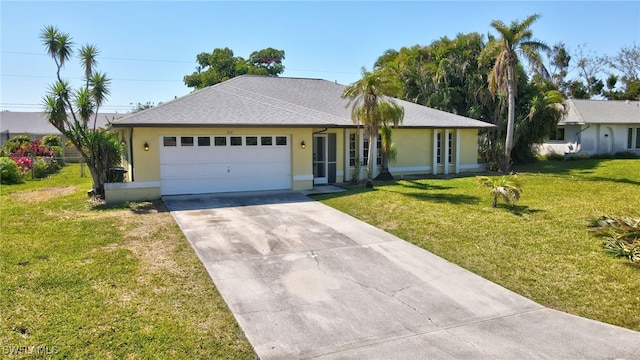 single story home featuring stucco siding, driveway, a shingled roof, a front yard, and an attached garage