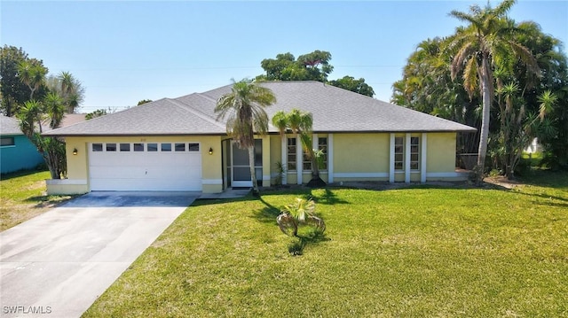 single story home with stucco siding, a garage, concrete driveway, and a front yard