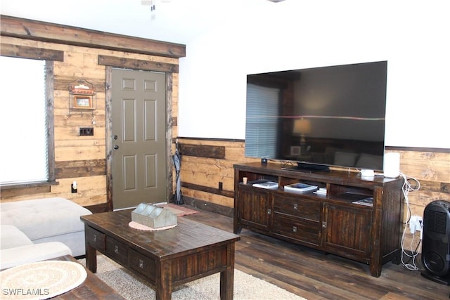 living room featuring wood finished floors, wood walls, and wainscoting