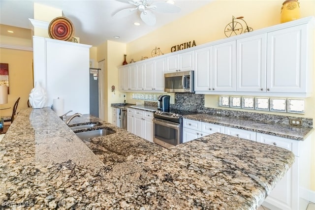 kitchen with a ceiling fan, stone counters, a sink, appliances with stainless steel finishes, and white cabinetry