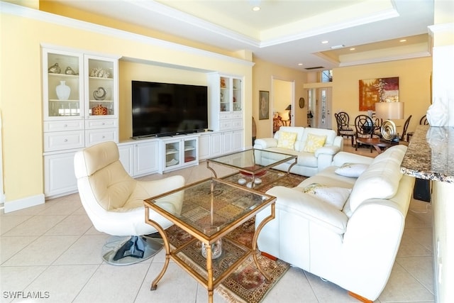 living room with a raised ceiling, light tile patterned floors, crown molding, and recessed lighting