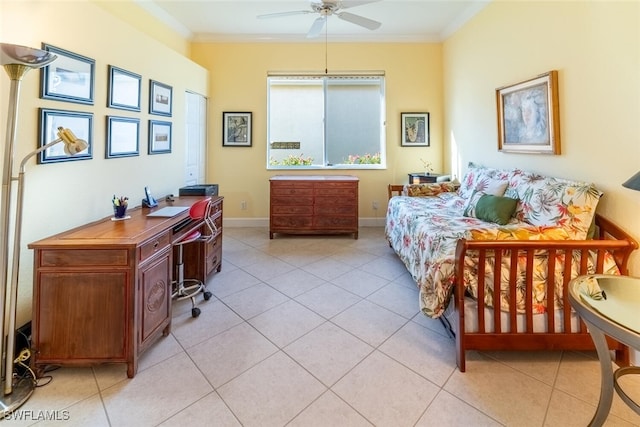 bedroom featuring ceiling fan, light tile patterned floors, baseboards, and ornamental molding