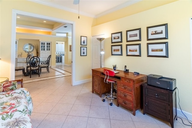 home office featuring light tile patterned floors, baseboards, recessed lighting, and crown molding