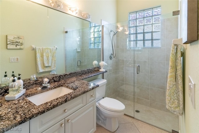 full bathroom featuring tile patterned flooring, a shower stall, toilet, and vanity