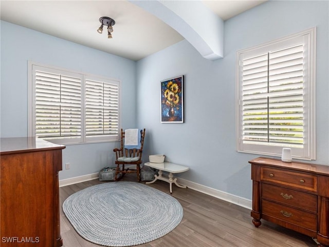 living area featuring baseboards, arched walkways, and wood finished floors