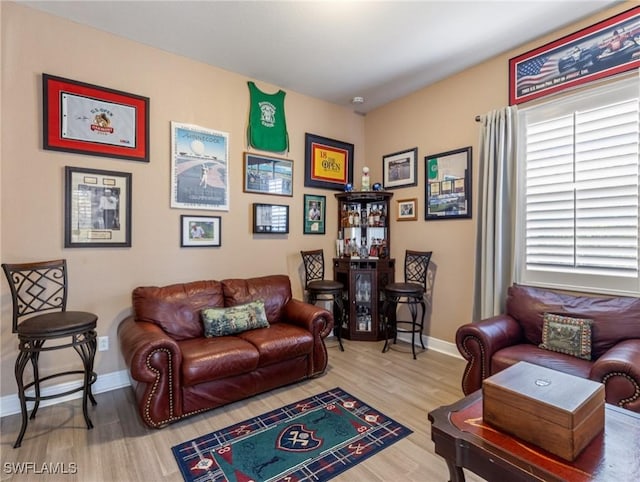 living area with baseboards and wood finished floors