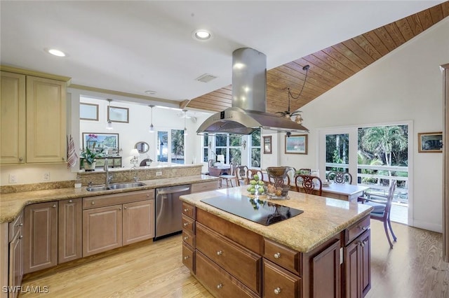 3643 N Rd, Naples, FL 34104 - kitchen with a sink, stainless steel dishwasher, black electric stovetop, island range hood, and ceiling fan