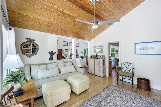 3643 N Rd, Naples, FL 34104 - living area featuring high vaulted ceiling, wood ceiling, a ceiling fan, wood finished floors, and baseboards