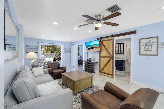 3643 N Rd, Naples, FL 34104 - living area with visible vents, baseboards, recessed lighting, a ceiling fan, and a barn door