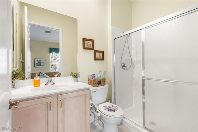 bathroom with visible vents, a stall shower, toilet, and vanity