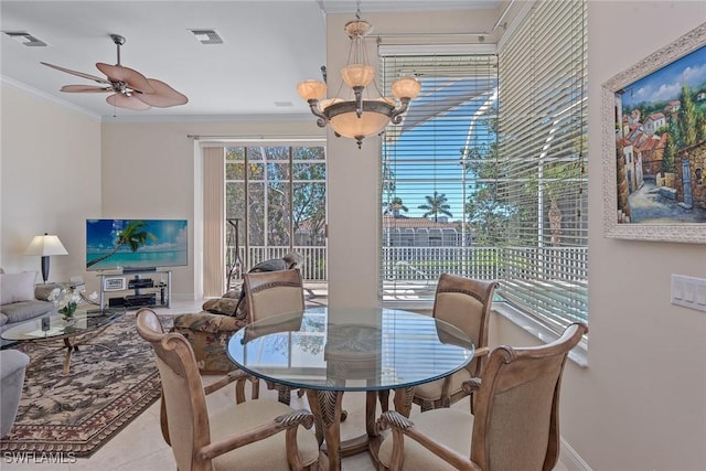 dining area with visible vents, ornamental molding, a ceiling fan, and tile patterned flooring