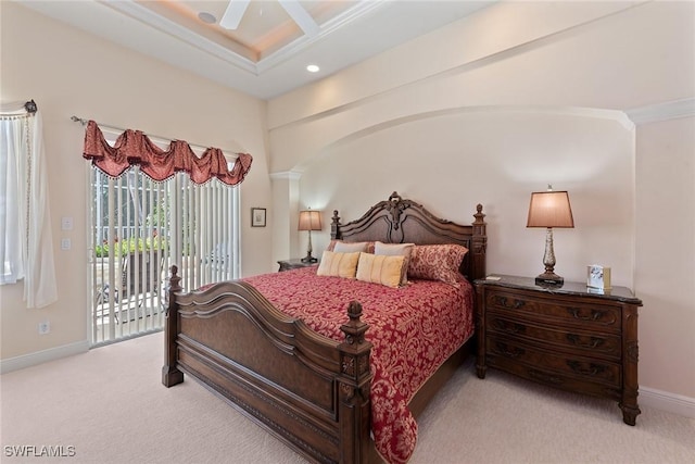 bedroom featuring access to exterior, crown molding, baseboards, carpet floors, and recessed lighting